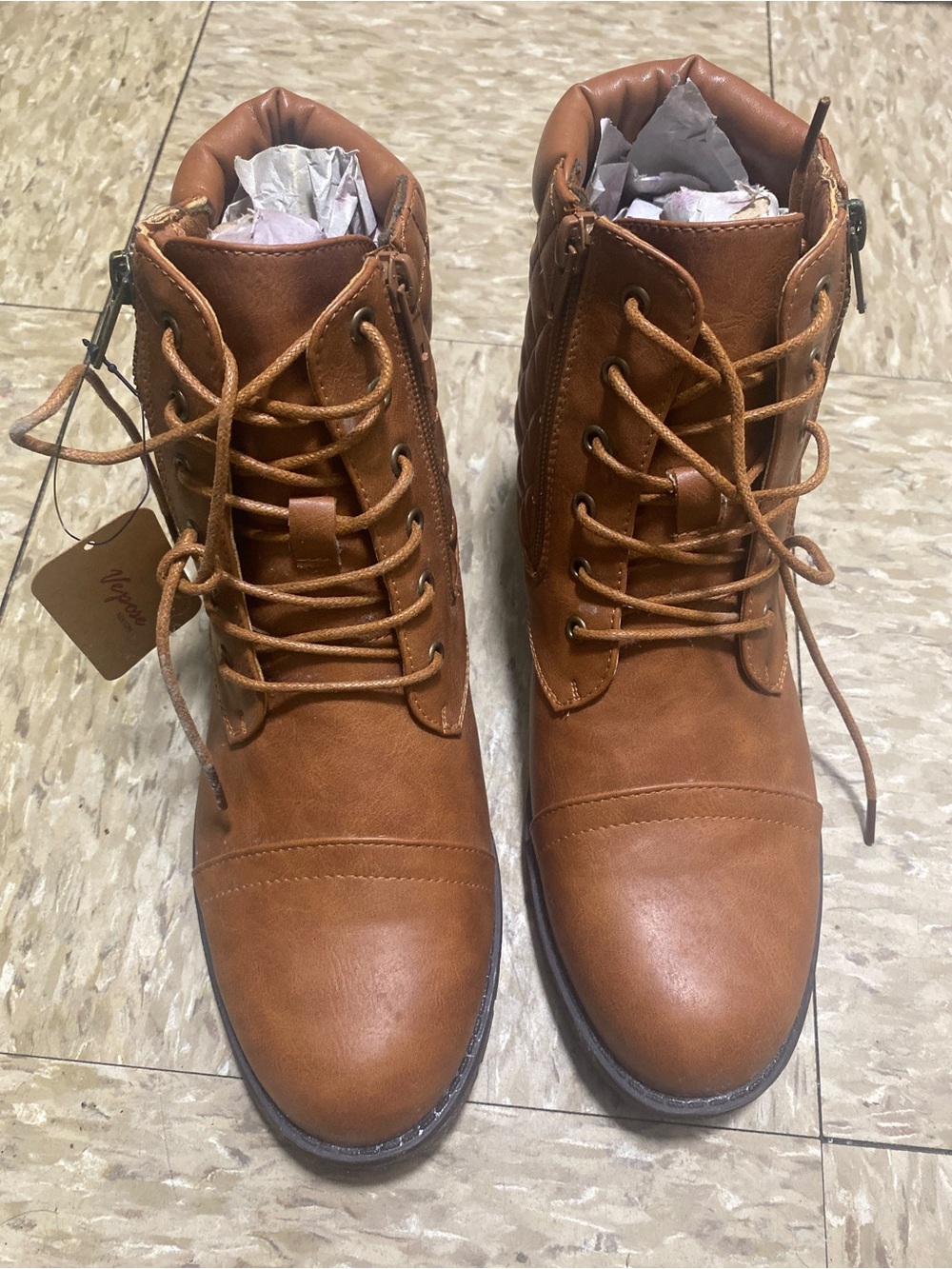 Vepose Women's Tan Lace-Up Ankle Booties